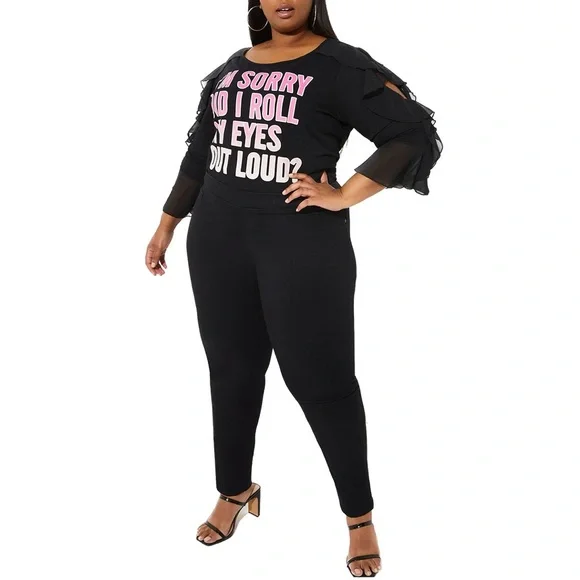 Eye Roll Graphic Tee 3X-5X with Ruffled Cutout Chiffon Sleeves (5A07.13) - Picture 3 of 6